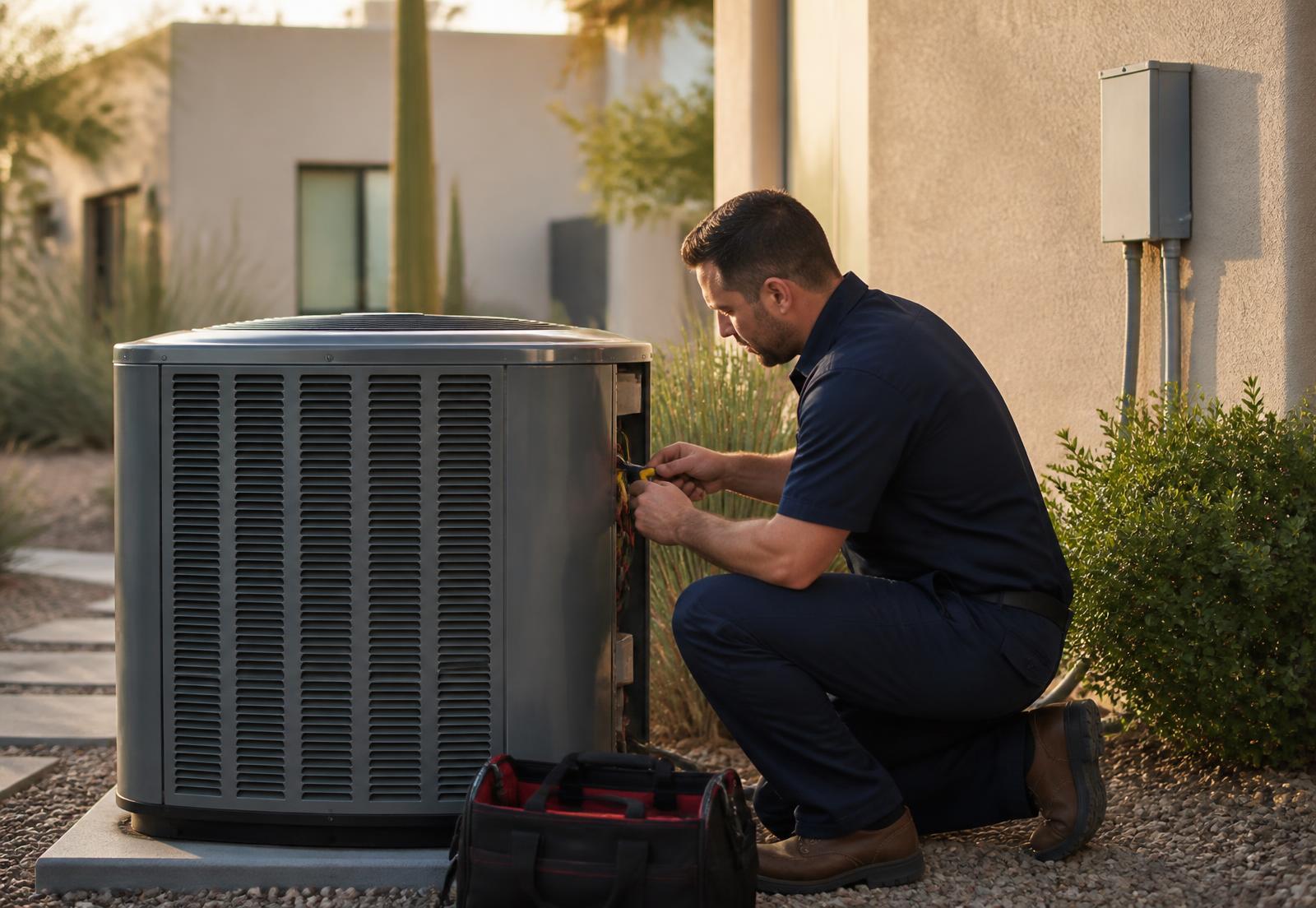 HVAC technician servicing an outdoor air conditioning condenser